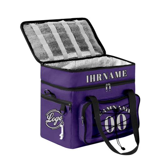 Maßgeschickerte Lila Schwarz vollflächig bedruckte isolierte Kühltasche mit Doppelwand Wasserdichte 600D Oxford Picknick-Tragetasche für Teamevents & Outdoor-Grillen