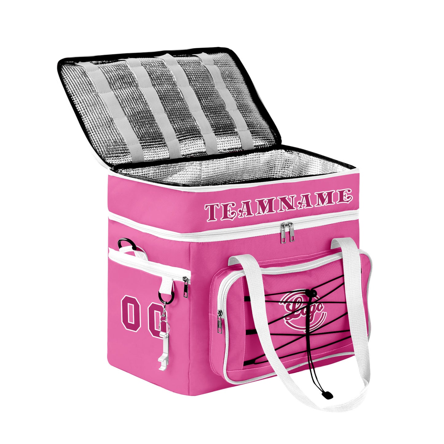 Maßgeschickerte Rosa Weiß vollflächig bedruckte isolierte Kühltasche mit Doppelwand Wasserdichte 600D Oxford Picknick-Tragetasche für Teamevents & Outdoor-Grillen