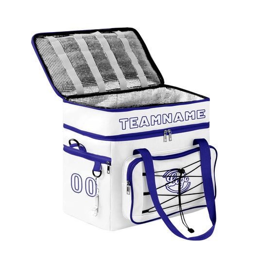 Maßgeschickerte Weiß Dunkelblau vollflächig bedruckte isolierte Kühltasche mit Doppelwand Wasserdichte 600D Oxford Picknick-Tragetasche für Teamevents & Outdoor-Grillen