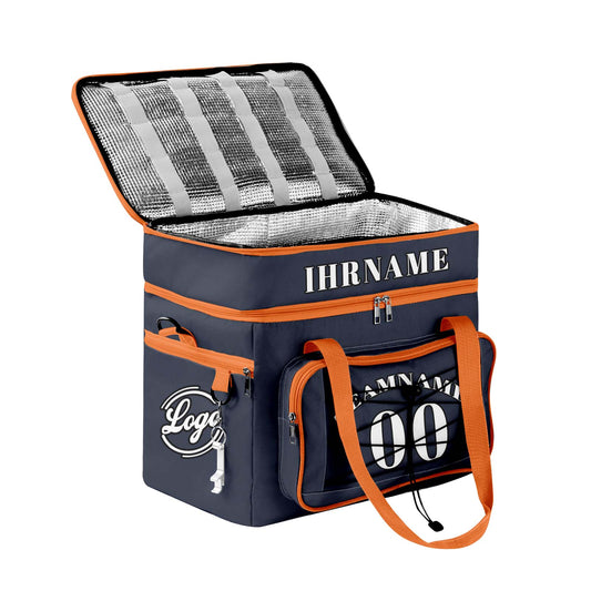 Maßgeschickerte Blau Orange vollflächig bedruckte isolierte Kühltasche mit Doppelwand Wasserdichte 600D Oxford Picknick-Tragetasche für Teamevents & Outdoor-Grillen