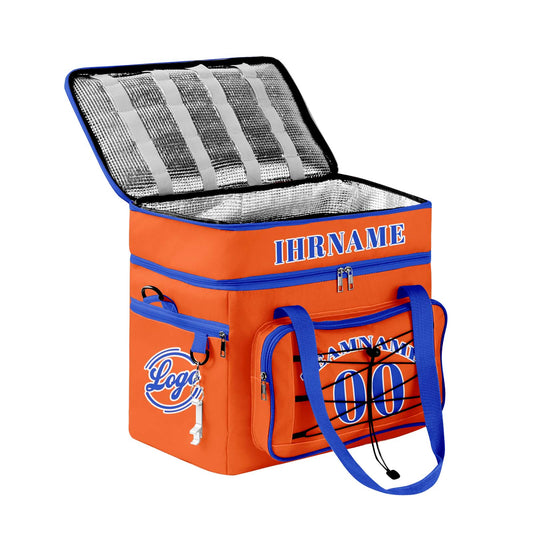 Maßgeschickerte Orange Blau vollflächig bedruckte isolierte Kühltasche mit Doppelwand Wasserdichte 600D Oxford Picknick-Tragetasche für Teamevents & Outdoor-Grillen