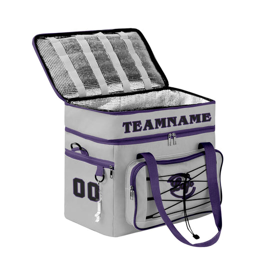 Maßgeschickerte Grau Lila vollflächig bedruckte isolierte Kühltasche mit Doppelwand Wasserdichte 600D Oxford Picknick-Tragetasche für Teamevents & Outdoor-Grillen