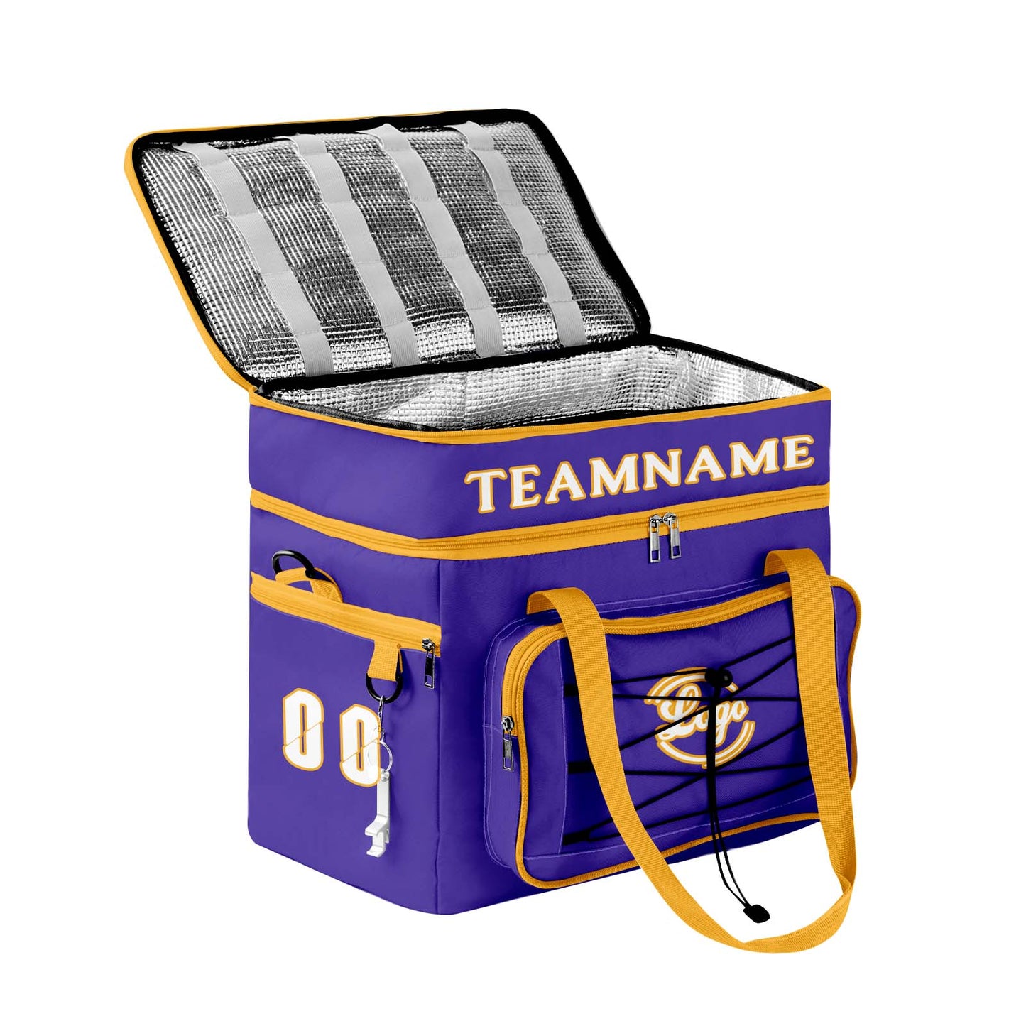 Maßgeschickerte Lila Gelb vollflächig bedruckte isolierte Kühltasche mit Doppelwand Wasserdichte 600D Oxford Picknick-Tragetasche für Teamevents & Outdoor-Grillen