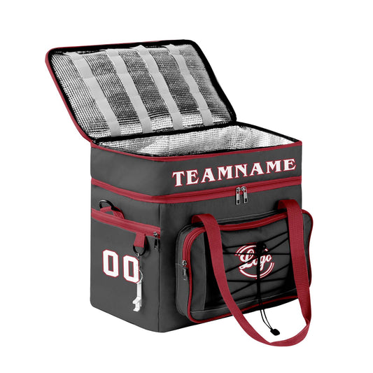 Maßgeschickerte Grau Rot vollflächig bedruckte isolierte Kühltasche mit Doppelwand Wasserdichte 600D Oxford Picknick-Tragetasche für Teamevents & Outdoor-Grillen