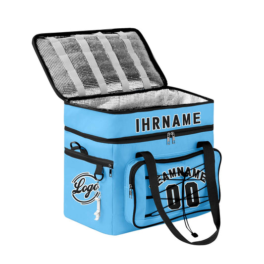 Maßgeschickerte Blau Schwarz vollflächig bedruckte isolierte Kühltasche mit Doppelwand Wasserdichte 600D Oxford Picknick-Tragetasche für Teamevents & Outdoor-Grillen