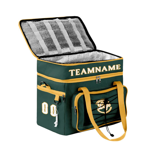 Maßgeschickerte Dunkelgrün Gelb vollflächig bedruckte isolierte Kühltasche mit Doppelwand Wasserdichte 600D Oxford Picknick-Tragetasche für Teamevents & Outdoor-Grillen