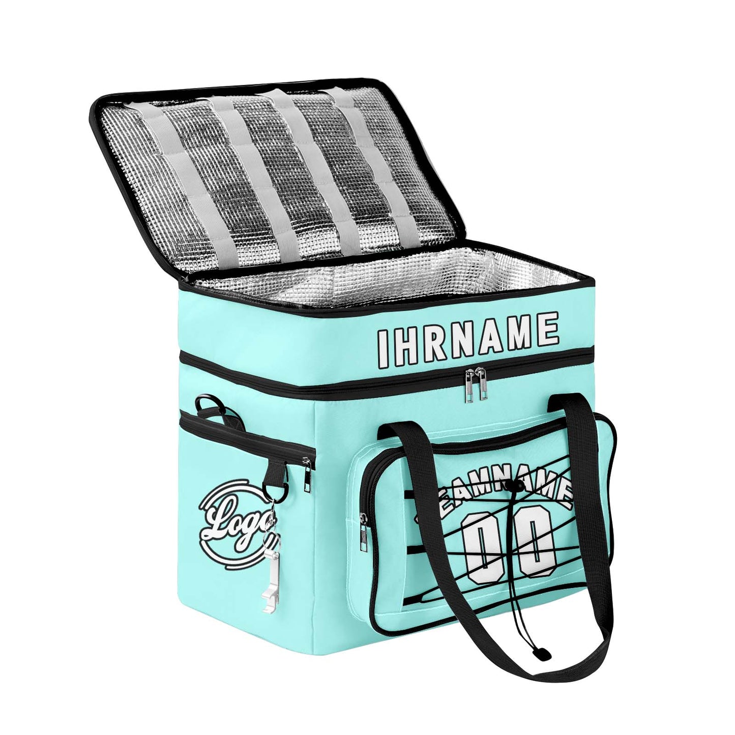 Maßgeschickerte Cyan Schwarz vollflächig bedruckte isolierte Kühltasche mit Doppelwand Wasserdichte 600D Oxford Picknick-Tragetasche für Teamevents & Outdoor-Grillen
