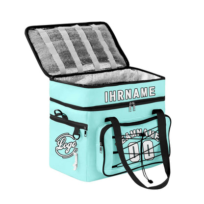 Maßgeschickerte Cyan Schwarz vollflächig bedruckte isolierte Kühltasche mit Doppelwand Wasserdichte 600D Oxford Picknick-Tragetasche für Teamevents & Outdoor-Grillen