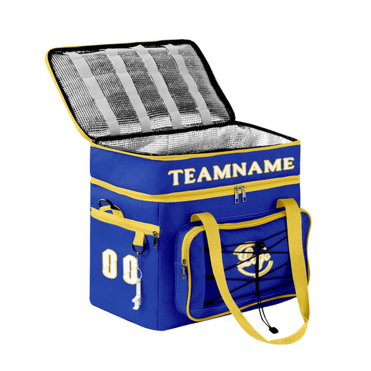 Maßgeschickerte Blau Gelb vollflächig bedruckte isolierte Kühltasche mit Doppelwand Wasserdichte 600D Oxford Picknick-Tragetasche für Teamevents & Outdoor-Grillen