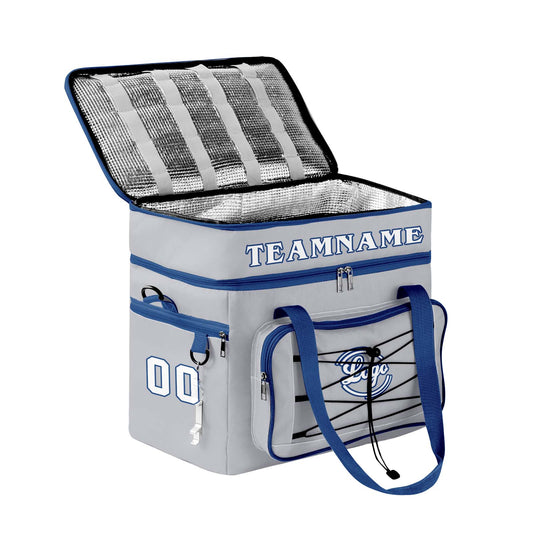 Maßgeschickerte Grau Dunkelblau vollflächig bedruckte isolierte Kühltasche mit Doppelwand Wasserdichte 600D Oxford Picknick-Tragetasche für Teamevents & Outdoor-Grillen