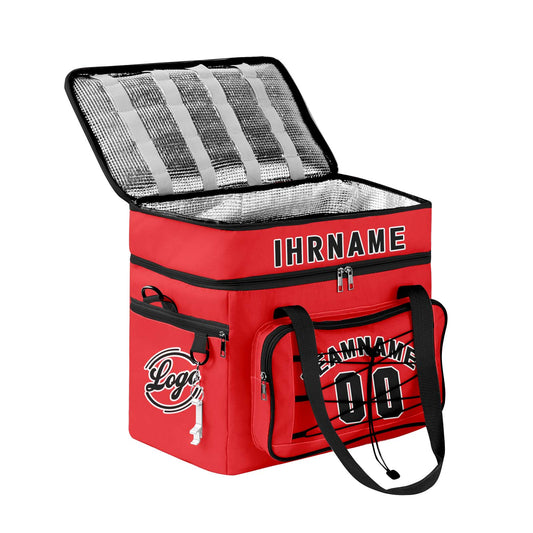 Maßgeschickerte Rot Schwarz vollflächig bedruckte isolierte Kühltasche mit Doppelwand Wasserdichte 600D Oxford Picknick-Tragetasche für Teamevents & Outdoor-Grillen