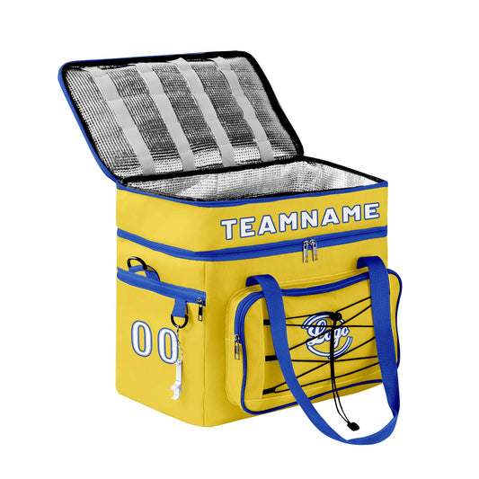 Maßgeschickerte Gelb Blau vollflächig bedruckte isolierte Kühltasche mit Doppelwand Wasserdichte 600D Oxford Picknick-Tragetasche für Teamevents & Outdoor-Grillen