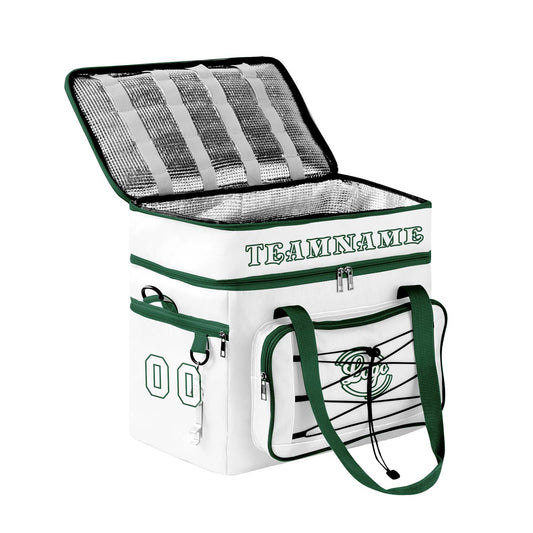 Maßgeschickerte Weiß Dunkelgrün vollflächig bedruckte isolierte Kühltasche mit Doppelwand Wasserdichte 600D Oxford Picknick-Tragetasche für Teamevents & Outdoor-Grillen