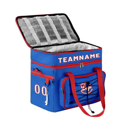 Maßgeschickerte Dunkelblau Rot vollflächig bedruckte isolierte Kühltasche mit Doppelwand Wasserdichte 600D Oxford Picknick-Tragetasche für Teamevents & Outdoor-Grillen