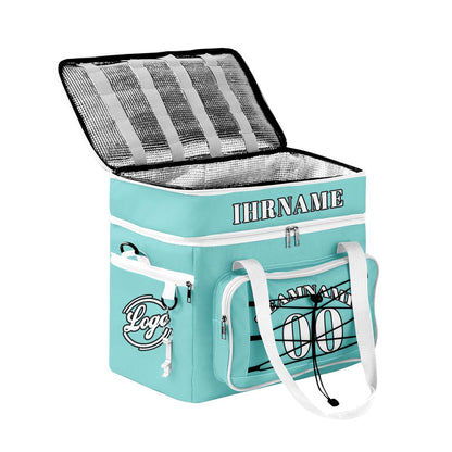 Maßgeschickerte Cyan Weiß vollflächig bedruckte isolierte Kühltasche mit Doppelwand Wasserdichte 600D Oxford Picknick-Tragetasche für Teamevents & Outdoor-Grillen