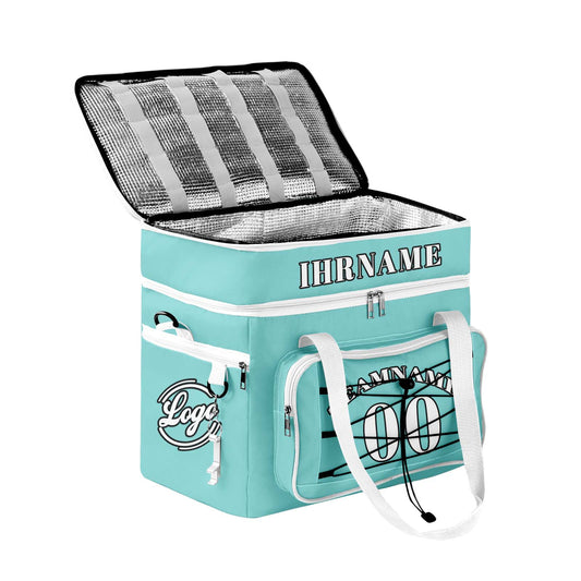 Maßgeschickerte Cyan Weiß vollflächig bedruckte isolierte Kühltasche mit Doppelwand Wasserdichte 600D Oxford Picknick-Tragetasche für Teamevents & Outdoor-Grillen
