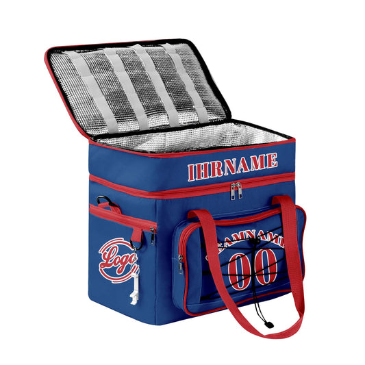 Maßgeschickerte Blau Rot vollflächig bedruckte isolierte Kühltasche mit Doppelwand Wasserdichte 600D Oxford Picknick-Tragetasche für Teamevents & Outdoor-Grillen