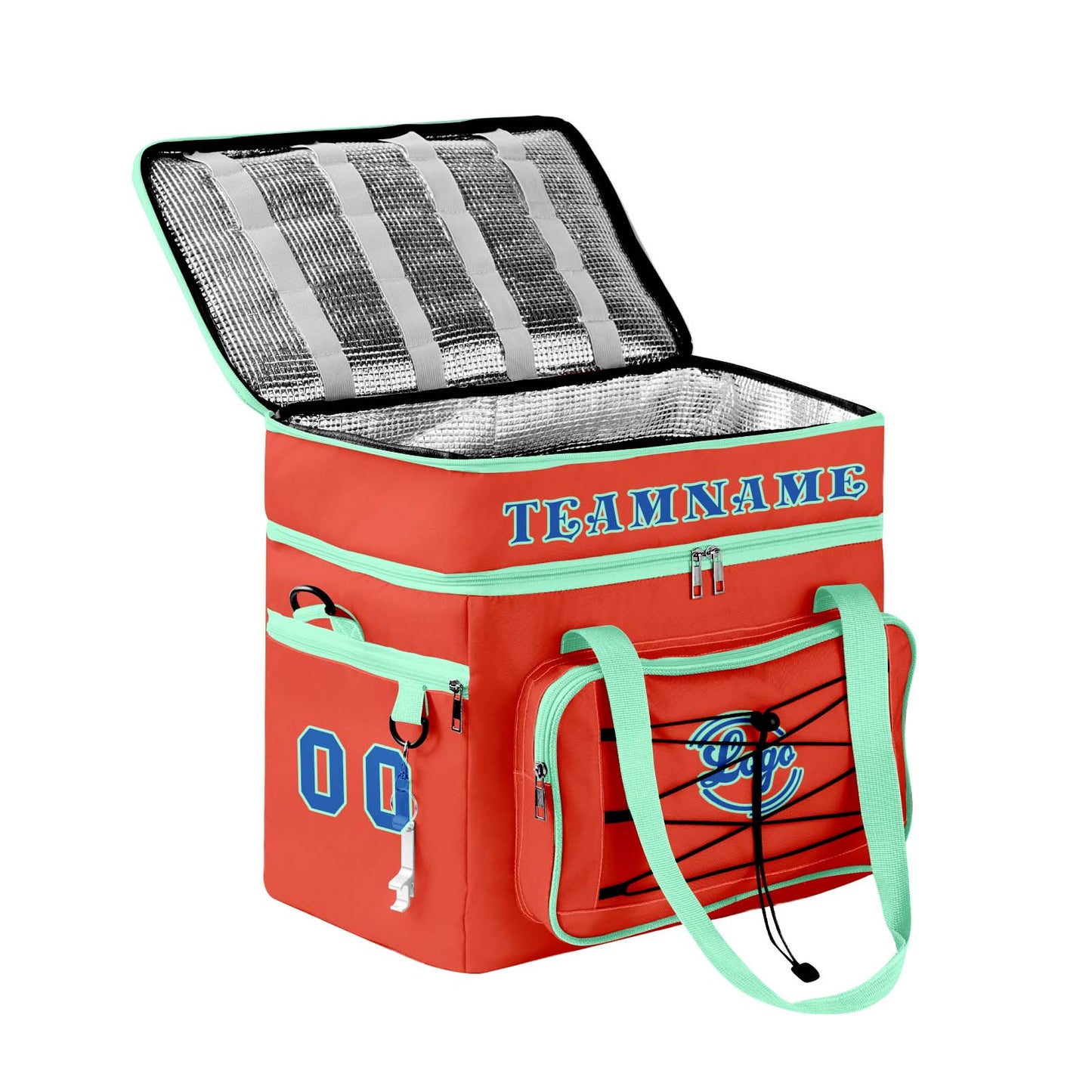 Maßgeschickerte Orange Cyan vollflächig bedruckte isolierte Kühltasche mit Doppelwand Wasserdichte 600D Oxford Picknick-Tragetasche für Teamevents & Outdoor-Grillen