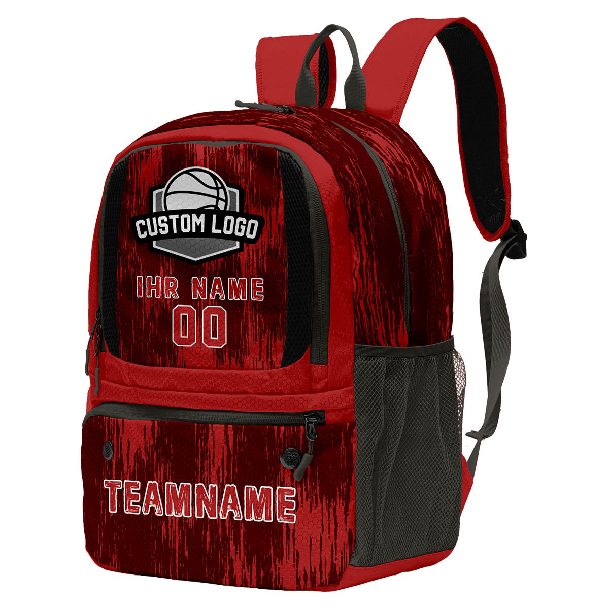 Personalisierter roter und grauer Basketball - und Fußballrucksack mit Spielernamen & Nummern und Teamlogo #BP-0919-0032