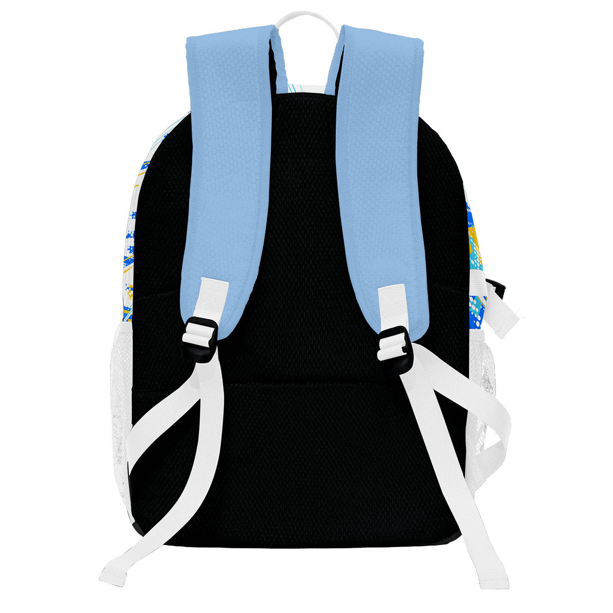 Personalisierter Basketball - und Fußballrucksack in Blau & Weiß und Gelb mit Spielernamen & Nummern und Teamlogo #BP-0919-0007