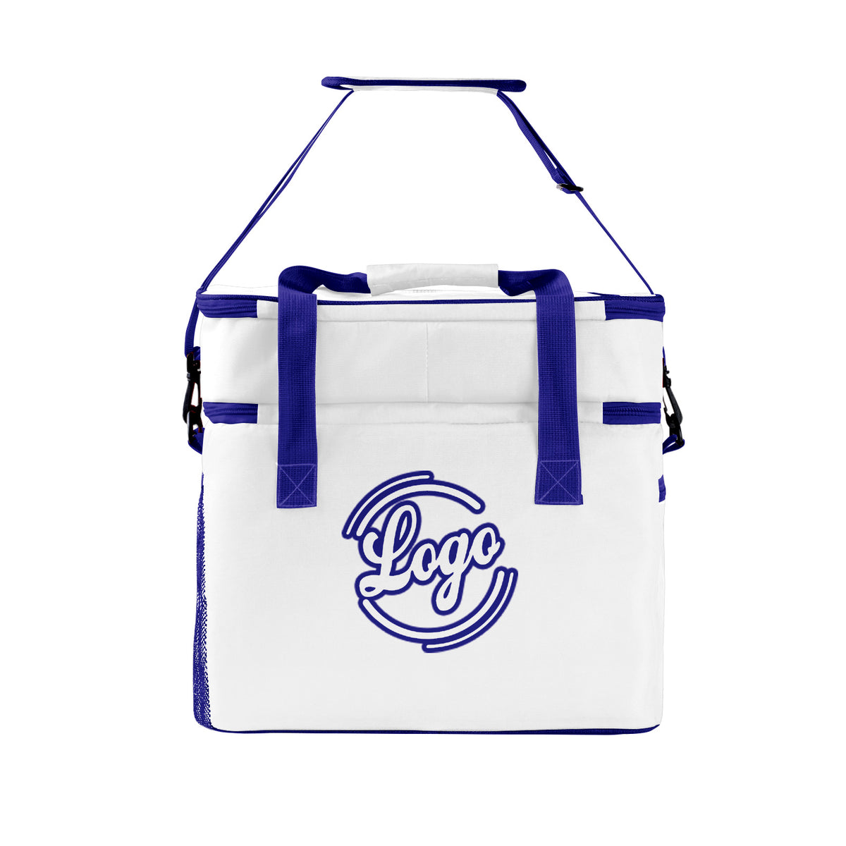 Maßgeschickerte Weiß Dunkelblau vollflächig bedruckte isolierte Kühltasche mit Doppelwand Wasserdichte 600D Oxford Picknick-Tragetasche für Teamevents & Outdoor-Grillen