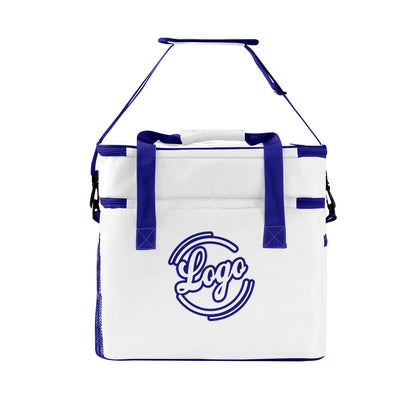 Maßgeschickerte Weiß Dunkelblau vollflächig bedruckte isolierte Kühltasche mit Doppelwand Wasserdichte 600D Oxford Picknick-Tragetasche für Teamevents & Outdoor-Grillen
