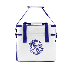Maßgeschickerte Weiß Dunkelblau vollflächig bedruckte isolierte Kühltasche mit Doppelwand Wasserdichte 600D Oxford Picknick-Tragetasche für Teamevents & Outdoor-Grillen