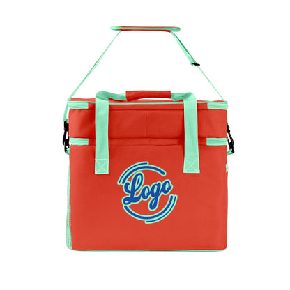 Maßgeschickerte Orange Cyan vollflächig bedruckte isolierte Kühltasche mit Doppelwand Wasserdichte 600D Oxford Picknick-Tragetasche für Teamevents & Outdoor-Grillen