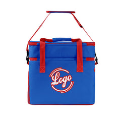 Maßgeschickerte Dunkelblau Rot vollflächig bedruckte isolierte Kühltasche mit Doppelwand Wasserdichte 600D Oxford Picknick-Tragetasche für Teamevents & Outdoor-Grillen
