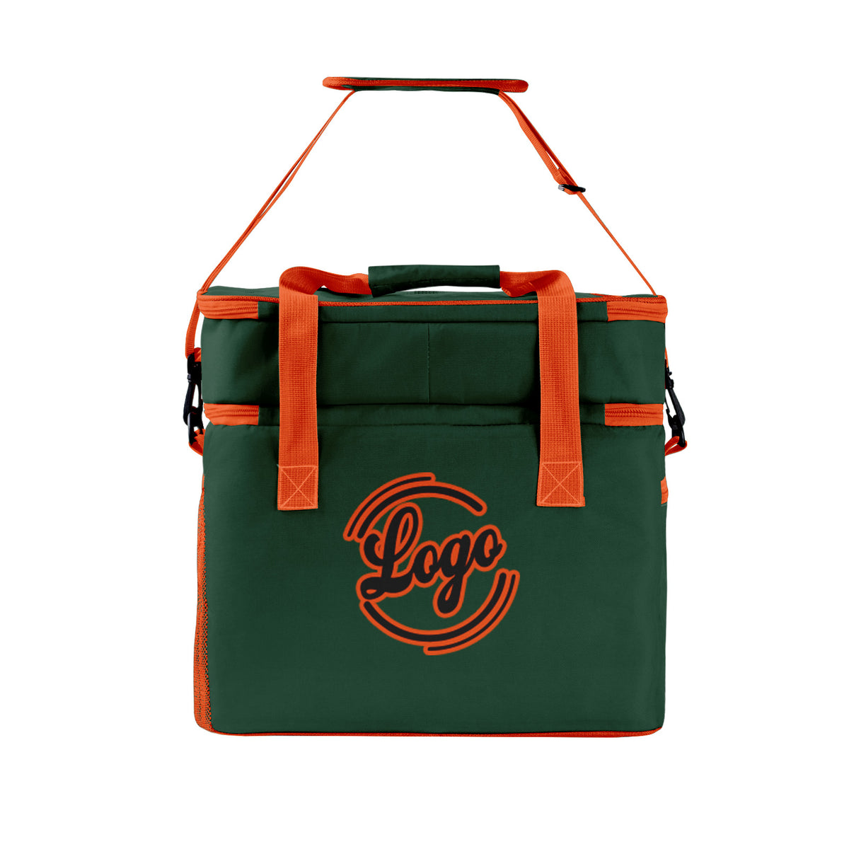 Maßgeschickerte Dunkelgrün Orange vollflächig bedruckte isolierte Kühltasche mit Doppelwand Wasserdichte 600D Oxford Picknick-Tragetasche für Teamevents & Outdoor-Grillen