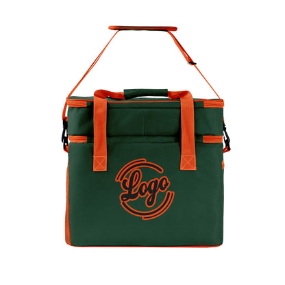 Maßgeschickerte Dunkelgrün Orange vollflächig bedruckte isolierte Kühltasche mit Doppelwand Wasserdichte 600D Oxford Picknick-Tragetasche für Teamevents & Outdoor-Grillen