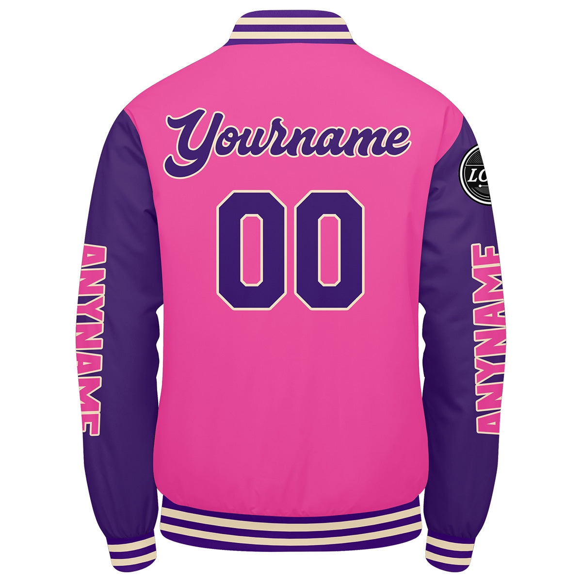 Maßgeschneiderte Rosa Lila Letterman Varsity Jacket Individuelle Stickerei Druck nach Ihrem Wunsch
