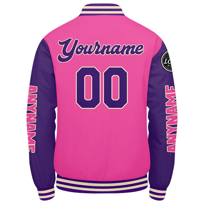 Maßgeschneiderte Rosa Lila Letterman Varsity Jacket Individuelle Stickerei Druck nach Ihrem Wunsch