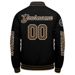 Maßgeschneiderte Schwarz Braun Letterman Varsity Jacket Individuelle Stickerei Druck nach Ihrem Wunsch