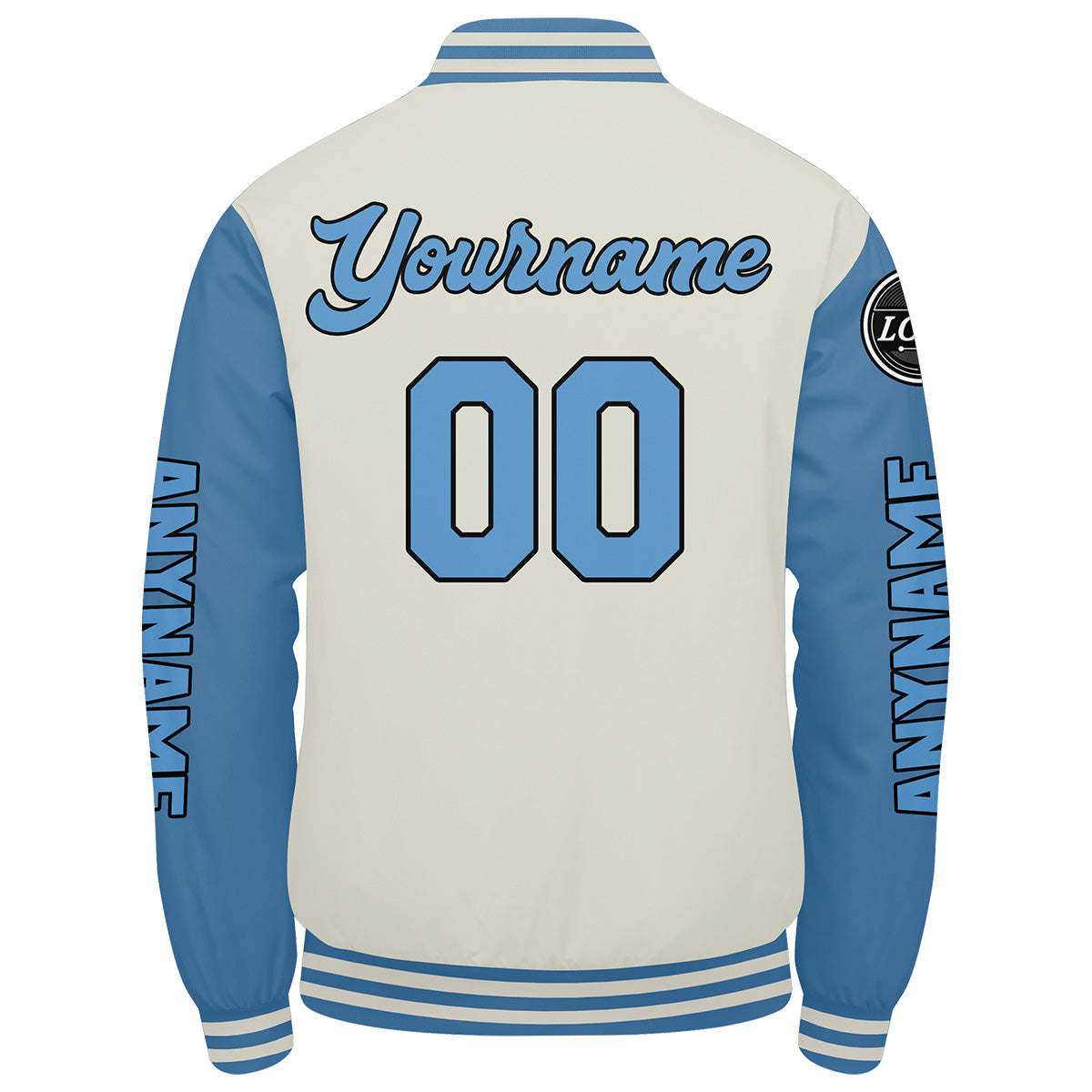 Maßgeschneiderte Hellblaue Creme Letterman Varsity Jacket Individuelle Stickerei Druck nach Ihrem Wunsch