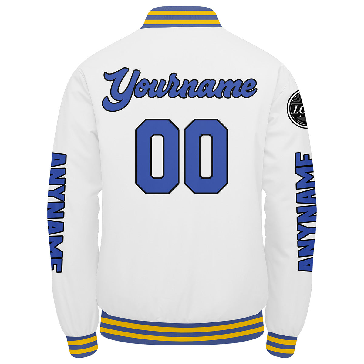 Maßgeschneiderte Weiß Blau Letterman Varsity Jacket Individuelle Stickerei Druck nach Ihrem Wunsch