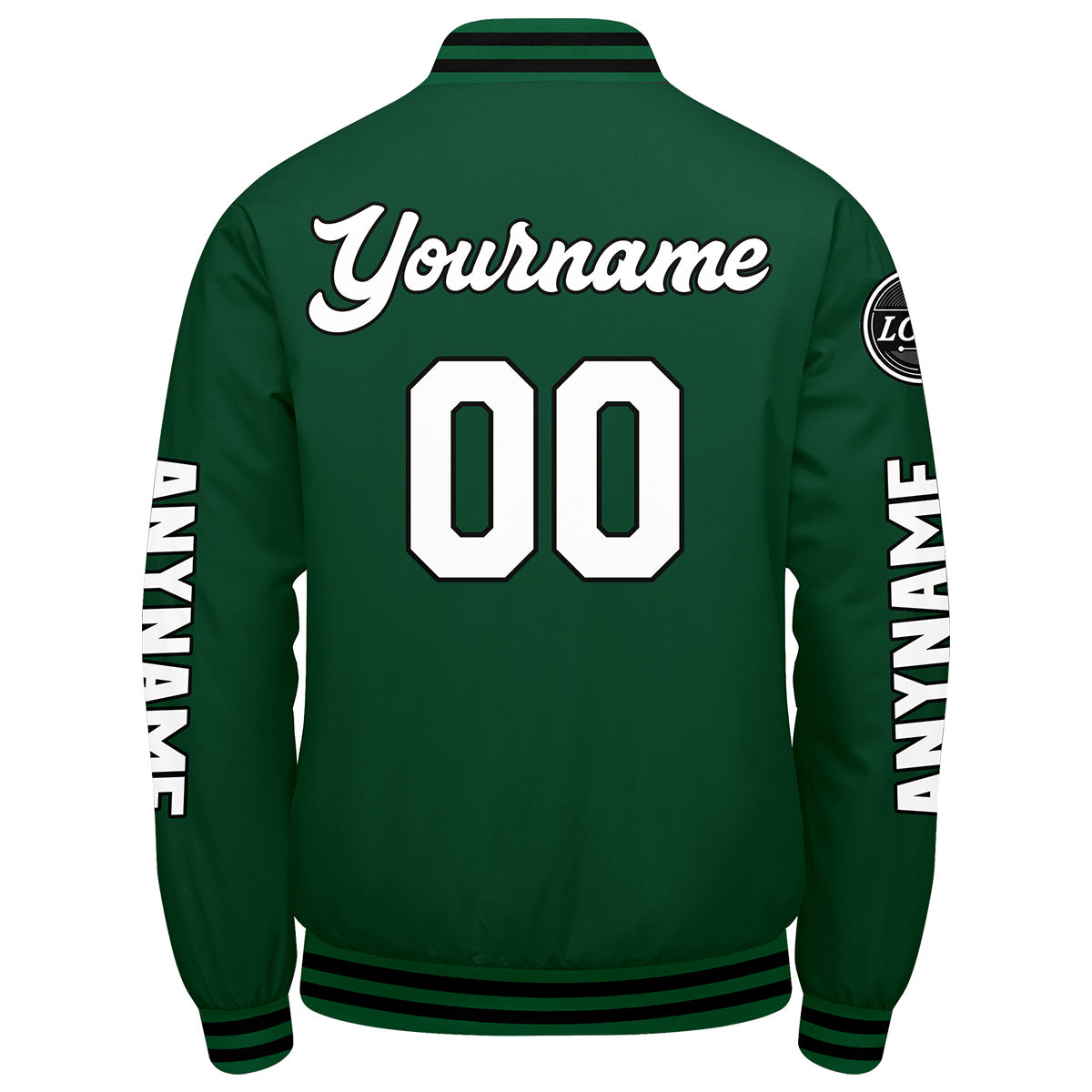 Maßgeschneiderte Grün Schwarz Weiß Letterman Varsity Jacket Individuelle Stickerei Druck nach Ihrem Wunsch