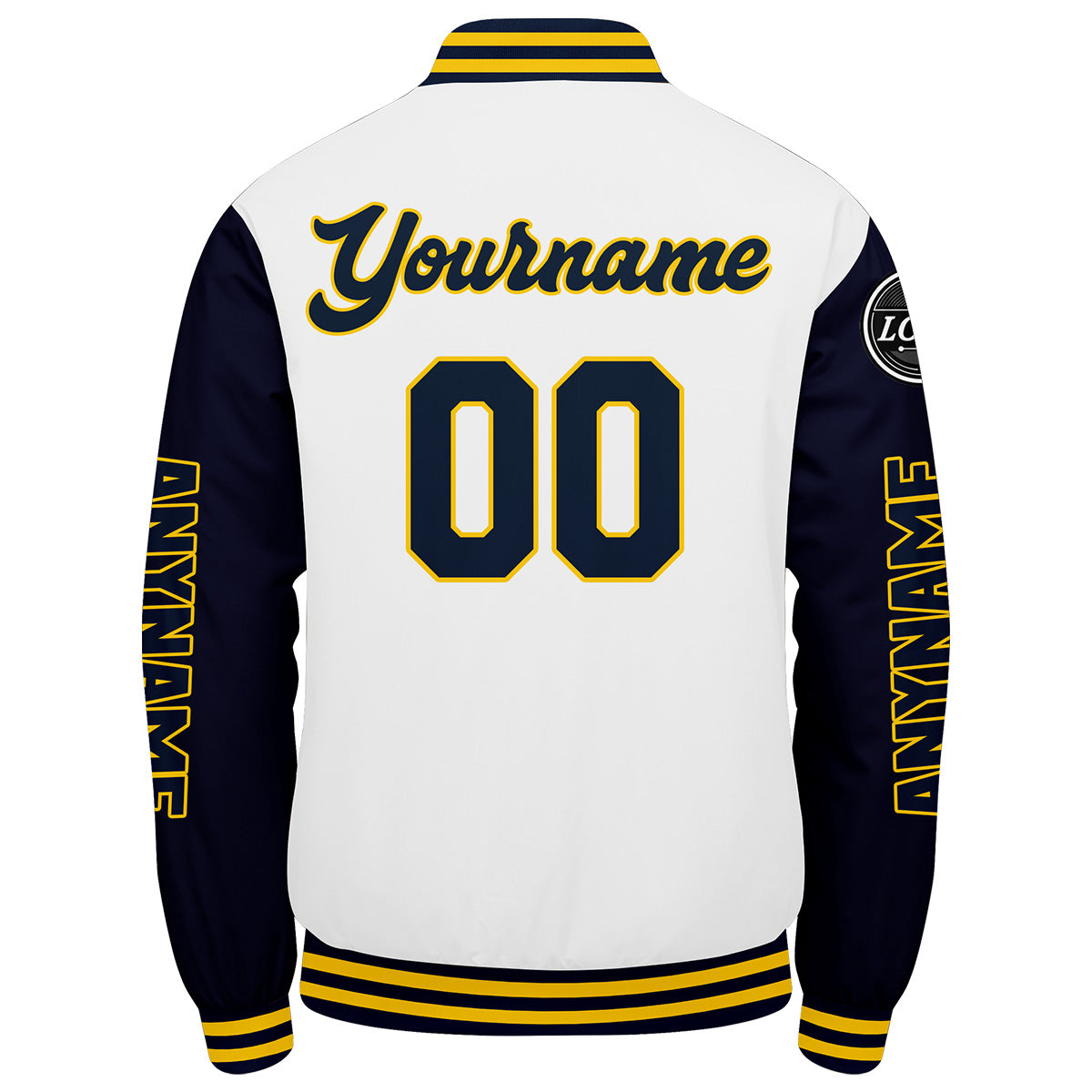 Maßgeschneiderte Marine Weiß Gelb Letterman Varsity Jacket Individuelle Stickerei Druck nach Ihrem Wunsch