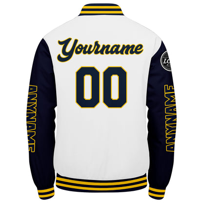 Maßgeschneiderte Marine Weiß Gelb Letterman Varsity Jacket Individuelle Stickerei Druck nach Ihrem Wunsch