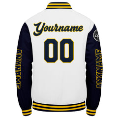 Maßgeschneiderte Marine Weiß Gelb Letterman Varsity Jacket Individuelle Stickerei Druck nach Ihrem Wunsch
