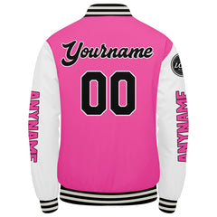 Maßgeschneiderte Rosa Weiß Letterman Varsity Jacket Individuelle Stickerei Druck nach Ihrem Wunsch