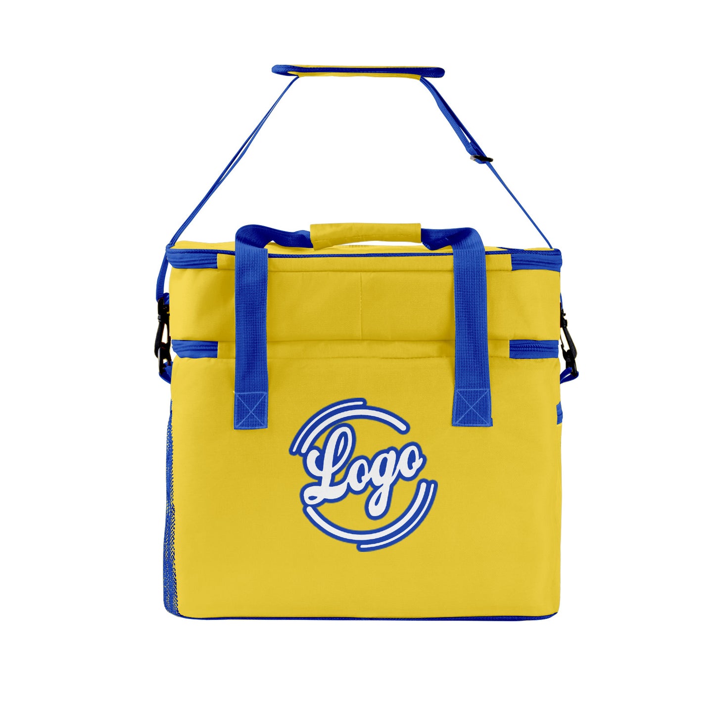 Maßgeschickerte Gelb Blau vollflächig bedruckte isolierte Kühltasche mit Doppelwand Wasserdichte 600D Oxford Picknick-Tragetasche für Teamevents & Outdoor-Grillen
