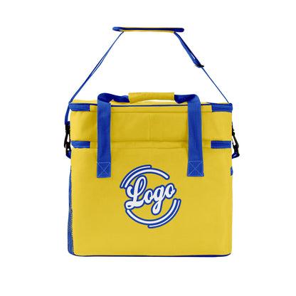 Maßgeschickerte Gelb Blau vollflächig bedruckte isolierte Kühltasche mit Doppelwand Wasserdichte 600D Oxford Picknick-Tragetasche für Teamevents & Outdoor-Grillen
