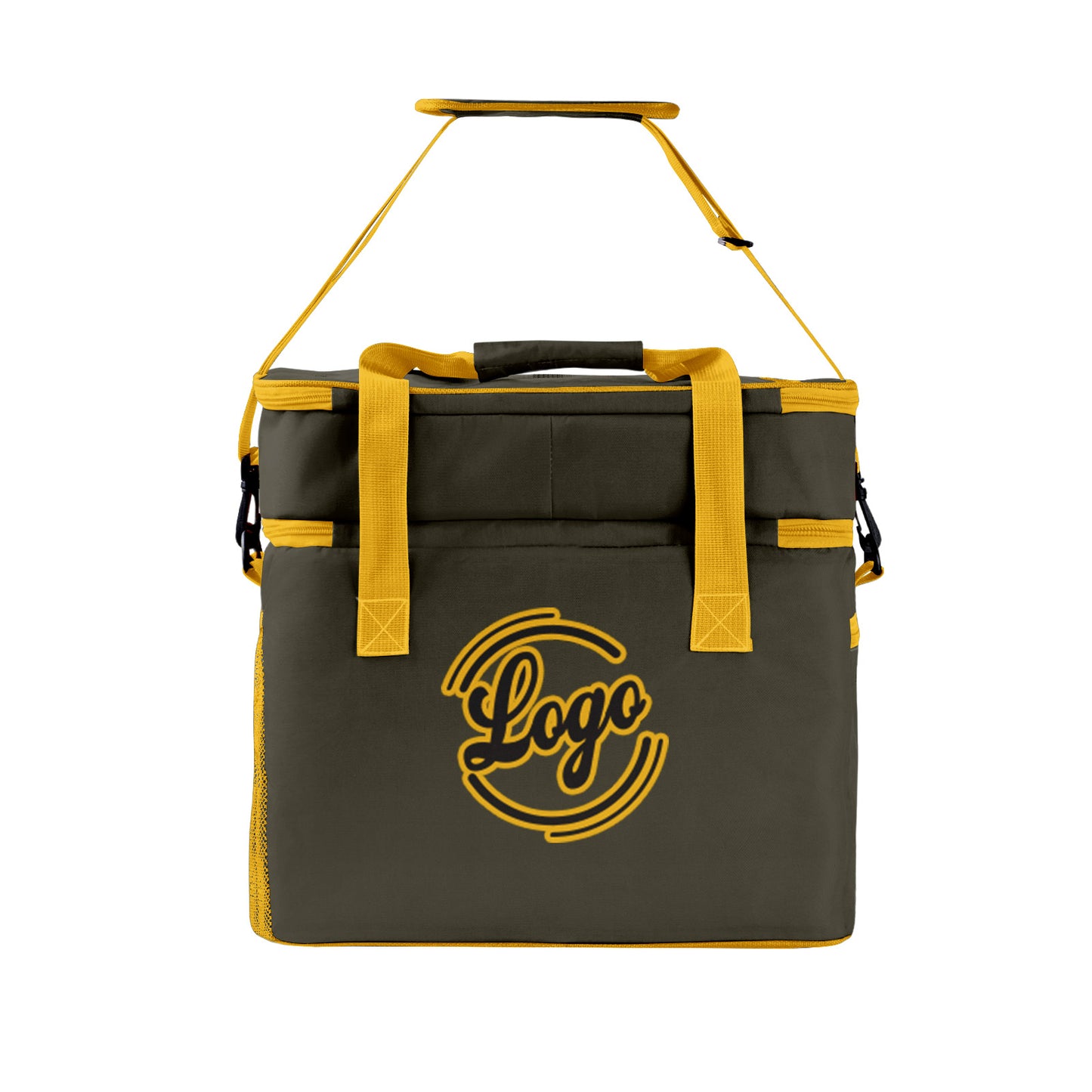 Maßgeschickerte Dunkelgrün Gelb vollflächig bedruckte isolierte Kühltasche mit Doppelwand Wasserdichte 600D Oxford Picknick-Tragetasche für Teamevents & Outdoor-Grillen