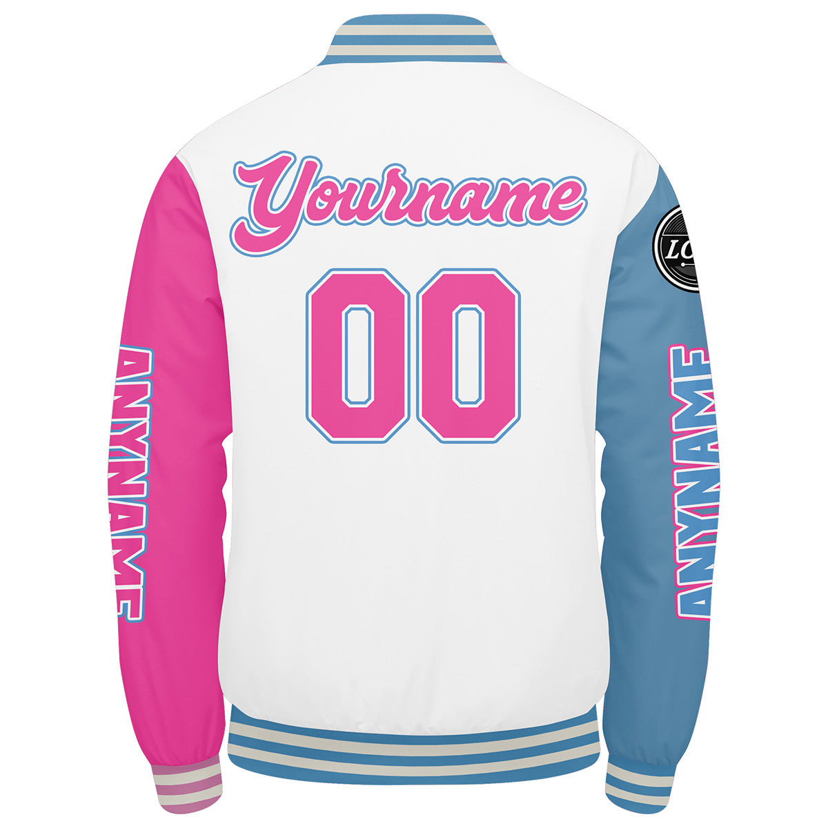 Maßgeschneiderte Weiß Lichtblau Rosa Letterman Varsity Jacket Individuelle Stickerei Druck nach Ihrem Wunsch