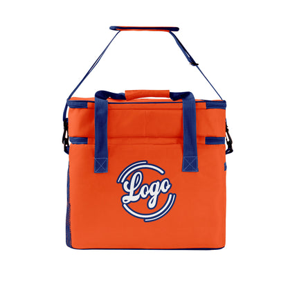 Maßgeschickerte Orange Dunkelblau vollflächig bedruckte isolierte Kühltasche mit Doppelwand Wasserdichte 600D Oxford Picknick-Tragetasche für Teamevents & Outdoor-Grillen