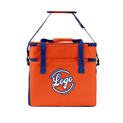 Maßgeschickerte Orange Dunkelblau vollflächig bedruckte isolierte Kühltasche mit Doppelwand Wasserdichte 600D Oxford Picknick-Tragetasche für Teamevents & Outdoor-Grillen