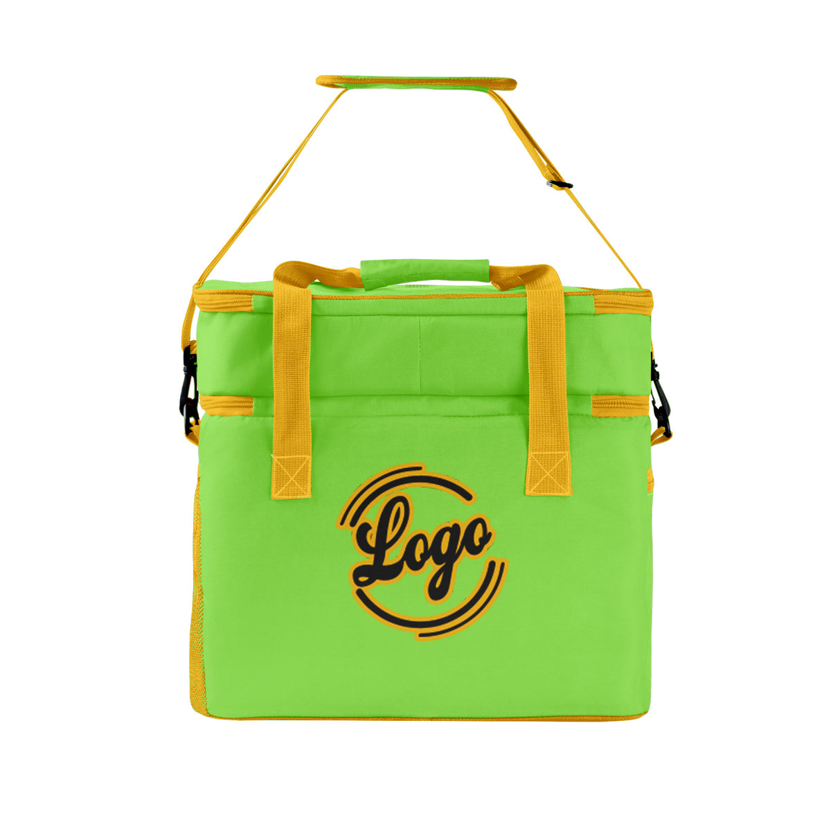 Maßgeschickerte Grün Gelb vollflächig bedruckte isolierte Kühltasche mit Doppelwand Wasserdichte 600D Oxford Picknick-Tragetasche für Teamevents & Outdoor-Grillen