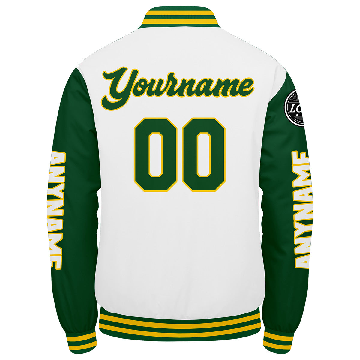 Maßgeschneiderte Grün Gelb Weiß Letterman Varsity Jacket Individuelle Stickerei Druck nach Ihrem Wunsch