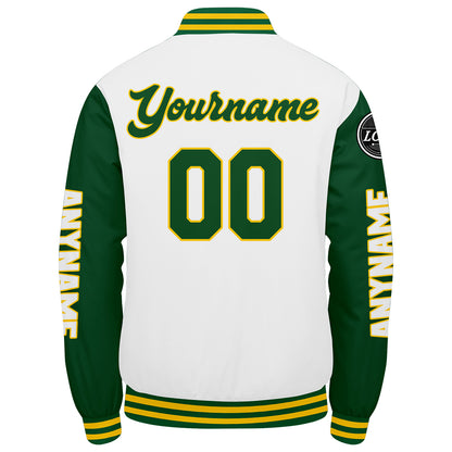 Maßgeschneiderte Grün Gelb Weiß Letterman Varsity Jacket Individuelle Stickerei Druck nach Ihrem Wunsch